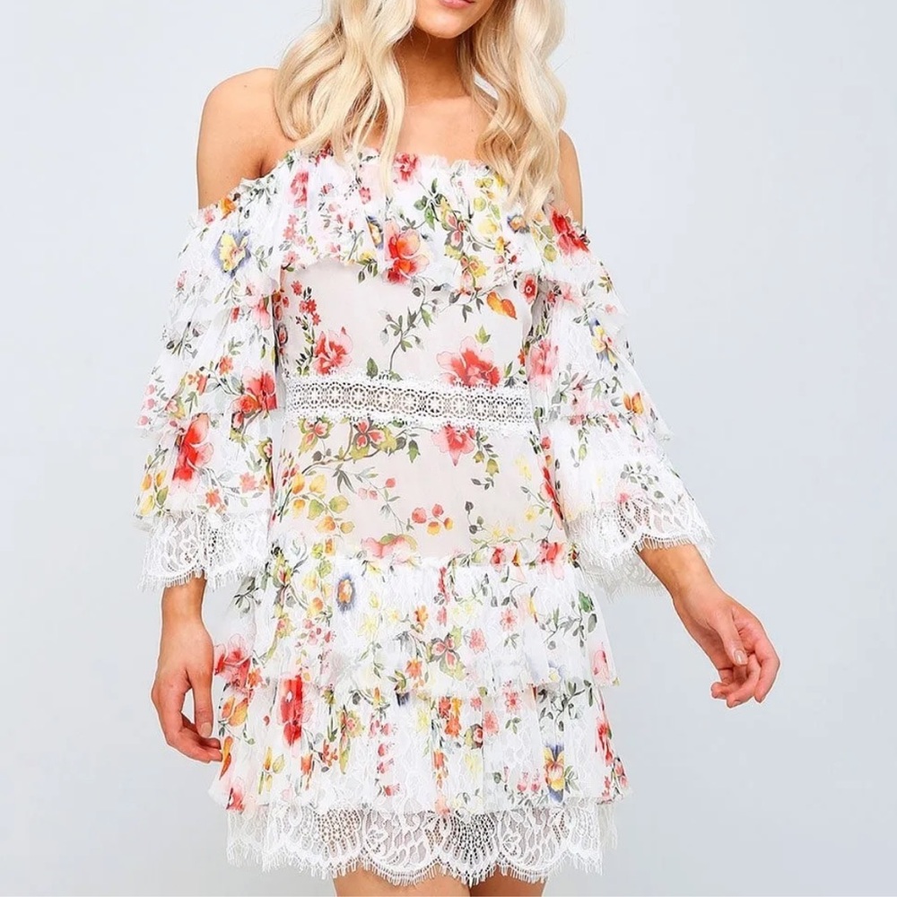 Alice + Olivia Santos Cold Shoulder Lace Trimmed Floral Silk Dres Size 4